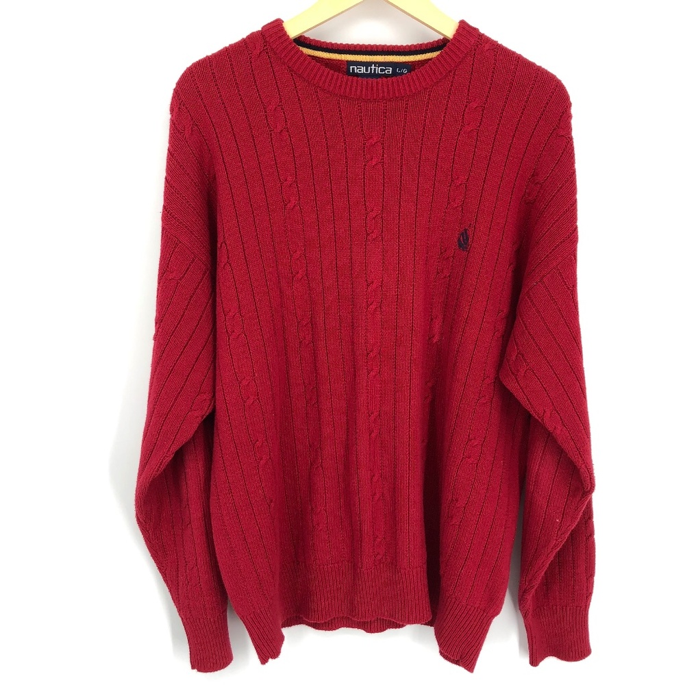Vintage Nautica Mens Sweater Size Large Red Chunky Cable Knit‎ Crewneck